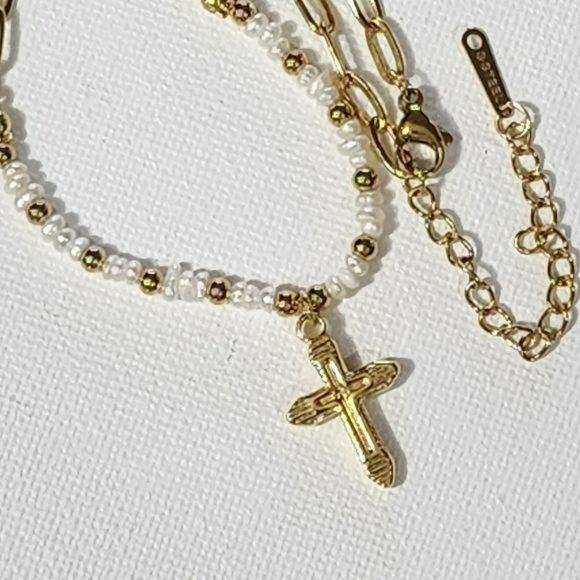 Gold‎ Plated Stainless Steel Chain Freshwater Pearl Beads Cross Pendant Necklace - Picture 2 of 14
